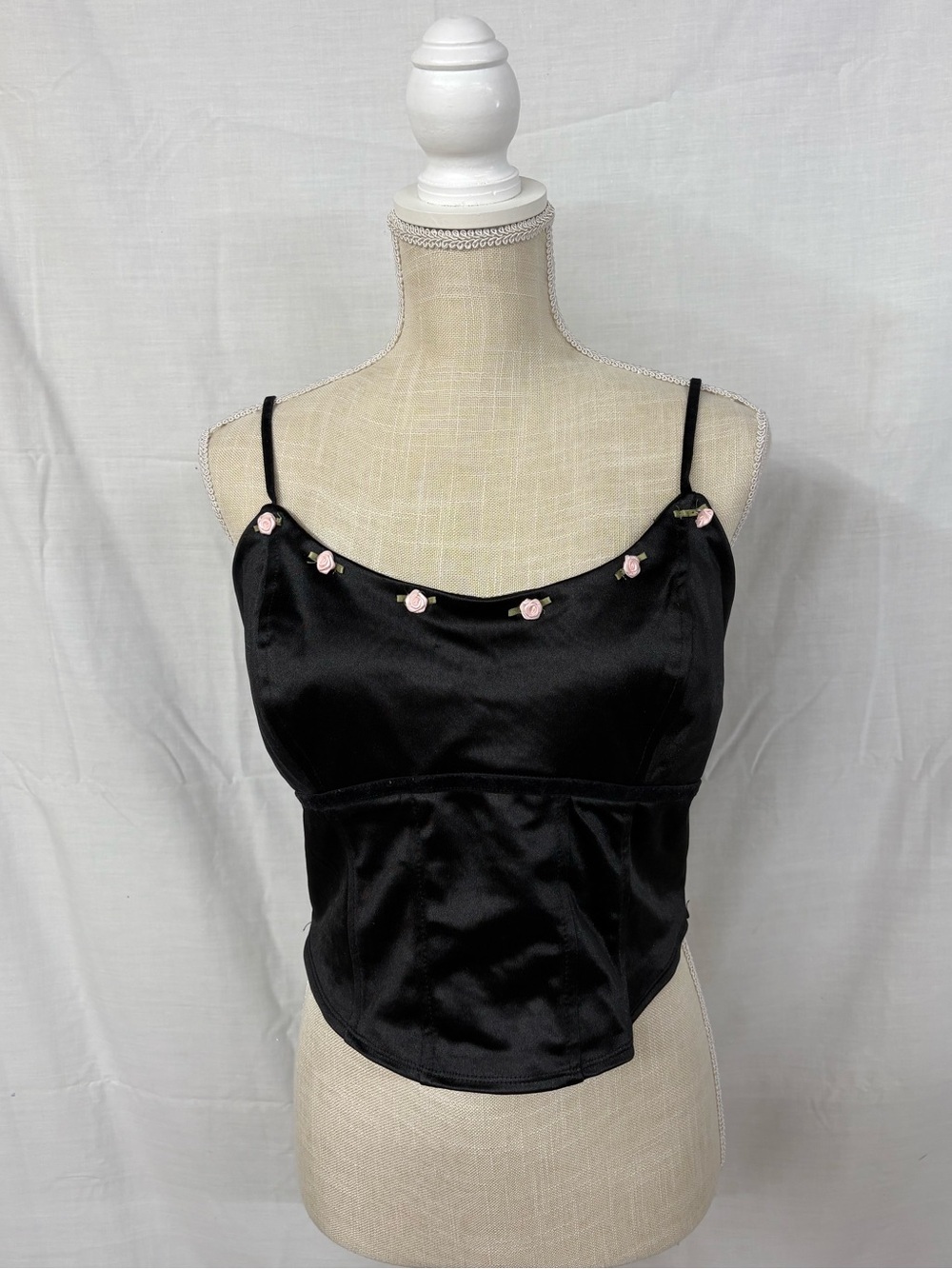 Black Satin Wild Fable Corset Top with Pink Rose Embellishments Summer - Picture 1 of 13